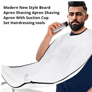 tablier rasage barbe ventouse fixation miroir imperméable polyester grand panneau blanc bordure noire col ajustable protection vêtements portable facile nettoyage