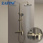 ZAPPO Ensemble de robinets de douche de salle de bains en or brossé, système de douche à pluie à 3 voies avec pulvérisateur de douchette à main et bec de baignoire pour l&rsquo;extérieur