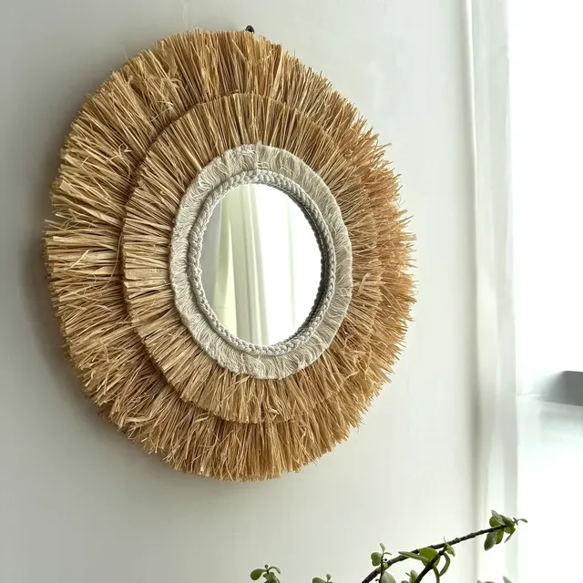 Miroir mural rond en raphia à deux niveaux – vue 2