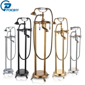 Baignoire montée au sol en laiton antique, ensemble de douche à poignée pour touristes, bec à percussion, robinet de centre commercial, autoportant sur pattes