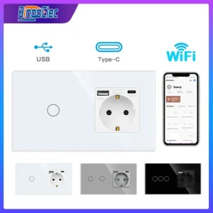 Commutateurs intelligents WiFi et prise murale interrupteur en verre avec prise USB Type C prise vie intelligente Google Alexa contrôle Commutateurs intelligents WiFi et prise murale interrupteur en verre avec prise USB Type C prise vie intelligente Google Alexa contrôle