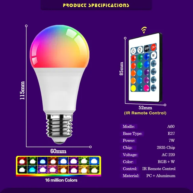 Ampoule LED RGB AC 220V 230V E27 Bombillas LED 7W IR… – vue 2
