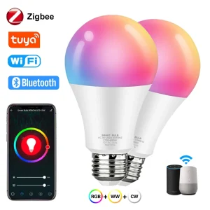 Ampoule LED intelligente RGB E27 B22, 15W 12W, Zigbee/WiFi/Bluetooth, commande vocale à intensité variable, fonctionne avec Alexa Google pour la décoration de la maison