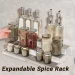 Étagère extensible trois niveaux escalier acrylique transparent antidérapant gris beige inoxydable cadre métallique robuste empilable réglable