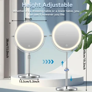 Miroir de maquillage de 8 pouces avec lampe lumineuse grossissement 10X 3 lumières de couleur, miroir cosmétique debout à hauteur de luminosité réglable