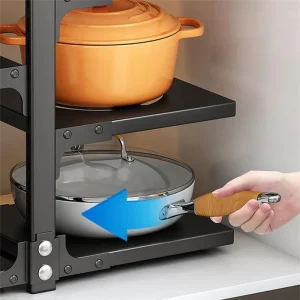 Support organisateur casseroles réglable rangement compact antirouille acier étagères réglables plateaux coulissants sous armoire stabilité base fixe empilable capacité