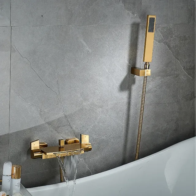 Ensemble bain douche mural doré brossé laiton gris… – vue 3