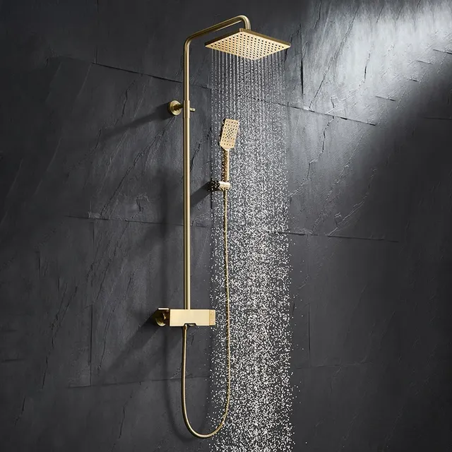 Colonne douche thermostatique dorée pommeau carré pluie… – vue 3
