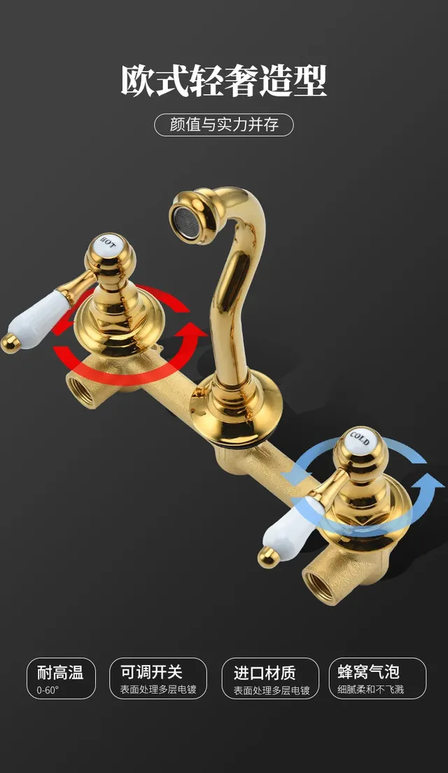 Robinet lavabo mural laiton doré luxe victorien bec… – vue 6