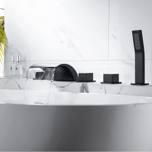 Robinet de baignoire cascade en laiton noir, 3-5 pièces, robinet d&rsquo;évier de baignoire largement répandu, mélangeur d&rsquo;eau chaude et froide à trois poignées, robinet de salle de bains et de douche