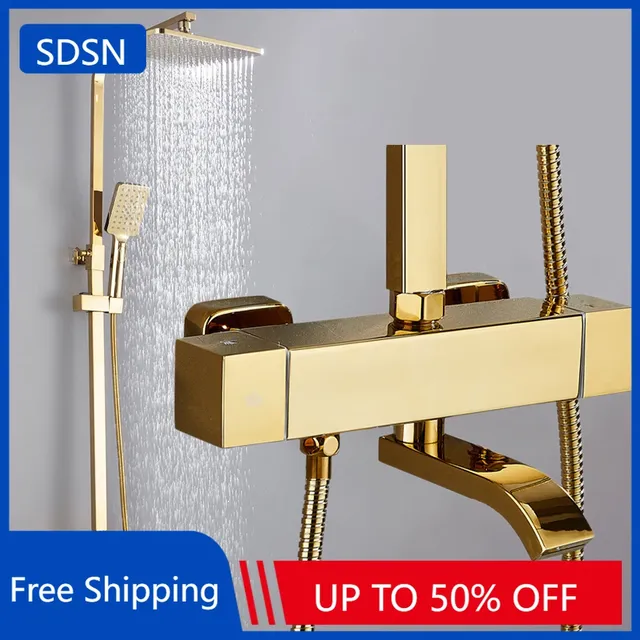 Ensemble de douche thermostatique doré