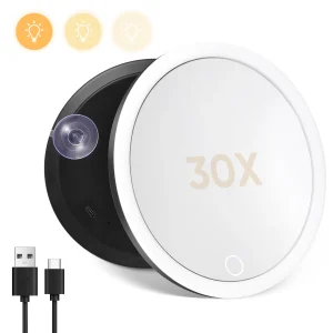 Miroir de vanité grossissant 30x avec lumières, écran tactile, éclairage LED, lampe de maquillage avec 360 ° Support et ventouse réglables Miroir de vanité grossissant 30x avec lumières, écran tactile, éclairage LED, lampe de maquillage avec 360 ° Support et ventouse réglables
