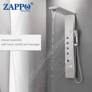 ZAPbagPanneau de douche avec pommeau de douche cascade, 5 jets corporels et 3 fonctions, système de massage, robinet de colonne de douche