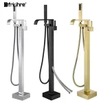 Dfrkjhre robinet de baignoire de salle de bains au sol noir avec douchette à main robinets mélangeurs d&rsquo;eau chaude et froide robinet de douche à deux fonctions