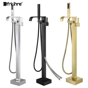 Dfrkjhre robinet de baignoire de salle de bains au sol noir avec douchette à main robinets mélangeurs d’eau chaude et froide robinet de douche à deux fonctions Dfrkjhre robinet de baignoire de salle de bains au sol noir avec douchette à main robinets mélangeurs d’eau chaude et froide robinet de douche à deux fonctions