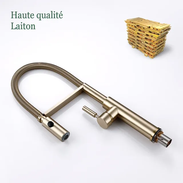 Robinet mitigeur cuisine laiton brossé doré bec haut… – vue 5