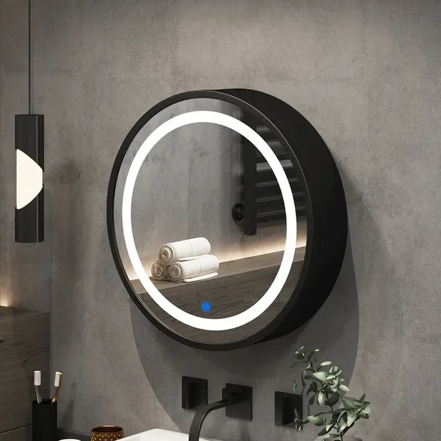 Miroir mural rond cadre noir mat anneau LED tactile…