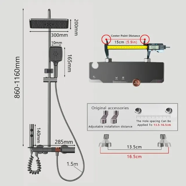 Système de douche en laiton chromé/gris