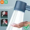 pommeau douche pressurisé portable ergonomique plastique gris bleu mat microperforations jet concentré cinq modes bouton arrêt économie eau anti calcaire