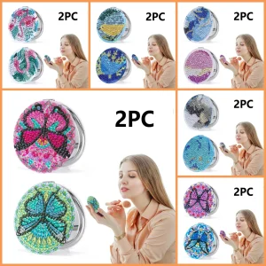 Deux petits miroirs pliants ronds DIY avec motifs de cristaux avec des animaux paysagers conviennent aux dames et comme cadeaux