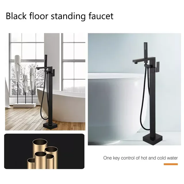 Robinet de baignoire de sol carré noir de luxe – vue 4