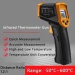 Pistolet thermomètre infrarouge -50-600 ℃   Pistolet numérique à température Laser IR à émissivité réglable, pyromètre industriel sans contact