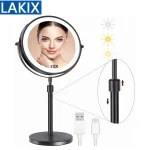 Miroir de courtoisie LED 3 couleurs LED avec hauteur réglable sur pied 8 pouces grossissement 10X miroir de maquillage Double face