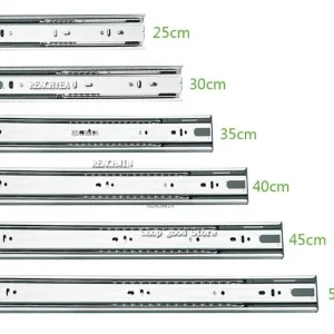 Rails guidage tiroir coulissant télescopiques billes acier zingué chromé longueurs 25cm 35cm 50cm montage latéral perçages oblongs résistance corrosion