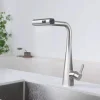 Mitigeur cuisine monocommande bec haut coudé rectangulaire jet cascade pluie finition acier brossé contemporain levier latéral bouton sélection monotrou inoxydable