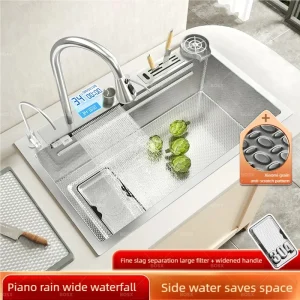 Évier de cuisine en acier inoxydable, multifonctionnel, écran d’affichage numérique intelligent, cascade, grand plat de lavage à fente unique, bassin de légumes Évier de cuisine en acier inoxydable, multifonctionnel, écran d’affichage numérique intelligent, cascade, grand plat de lavage à fente unique, bassin de légumes