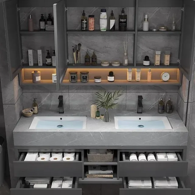 Meuble salle bain suspendu double vasque marbre gris… – vue 2