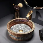Lavabo en céramique de style européen avec ensemble de quincaillerie, bol rond, évier à impression rétro, seau supérieur, 41x41x14cm