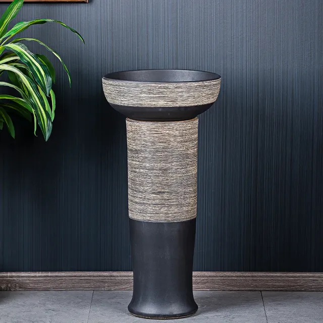 Lavabo colonne fonte effet pierre striée gris beige… – vue 3
