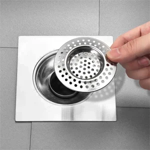 crépine bonde évacuation évier douche sol plaque carrée panier rond perforé amovible acier inoxydable poli brillant antiblocage facile nettoyage installation