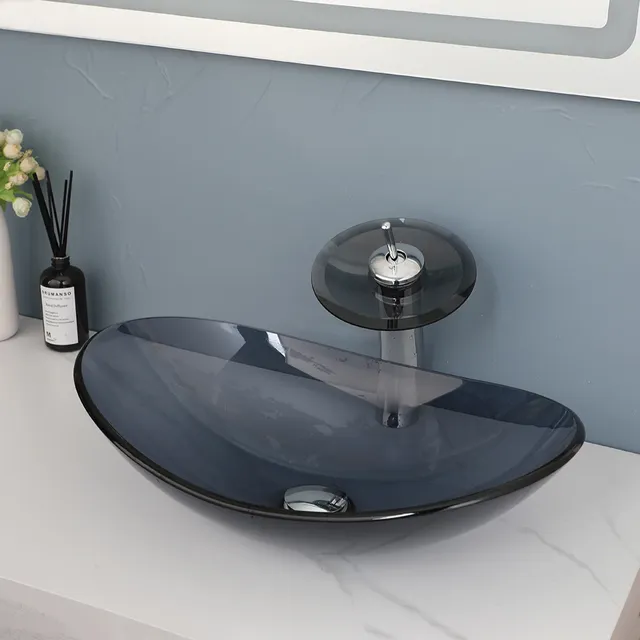 Vasque verre trempé ovale aplatie bleu gris fumée rebord… – vue 5