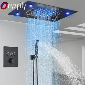 Douches de plafond modernes thermostatiques à LED noires, pour salle de bains, changement de couleur, cascade de pluie, montage caché, système de luxe à 3 voies Douches de plafond modernes thermostatiques à LED noires, pour salle de bains, changement de couleur, cascade de pluie, montage caché, système de luxe à 3 voies