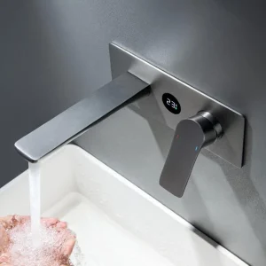 Robinet de salle de bains gris bronze à affichage numérique, robinet de lavabo mural intelligent à poignée unique froide et chaude à double commande en laiton
