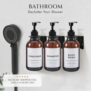 Distributeur de savon avec étiquettes, bouteille de shampoing de 500ml, récipient de revitalisant, pompe à main, crochet de bouteille de liquide, accessoires de salle de bains Distributeur de savon avec étiquettes, bouteille de shampoing de 500ml, récipient de revitalisant, pompe à main, crochet de bouteille de liquide, accessoires de salle de bains