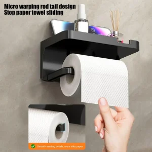 porte papier hygiénique adhésif sans perçage étagère intégrée support téléphone antidérapant plastique noir minimaliste compact imperméable anticorrosion durable