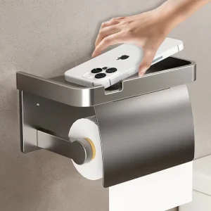 Porte-papier hygiénique mural avec plateau de rangement, support pour téléphone, porte-serviettes en papier de salle de bain en aluminium, accessoires de salle de bain
