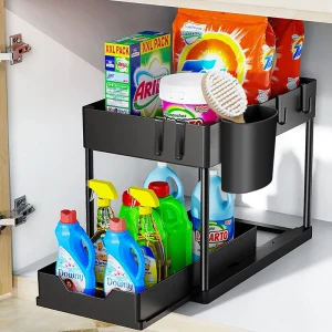 Organisateur sous évier à 2 niveaux, armoire coulissante, panier, support de rangement avec crochets, tasse suspendue, organisateur de salle de bains et de cuisine