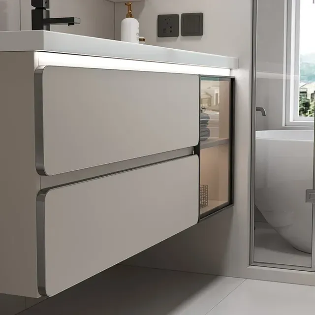 Meuble vanité lavabo suspendu blanc laqué vasque… – vue 4