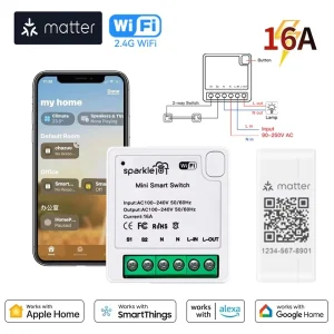 Commutateur intelligent WIFI Matter 16A, Module 1 CH, relais d&rsquo;automatisation, disjoncteur intelligent, commande vocale, Homekit Siri Alexa Google Home