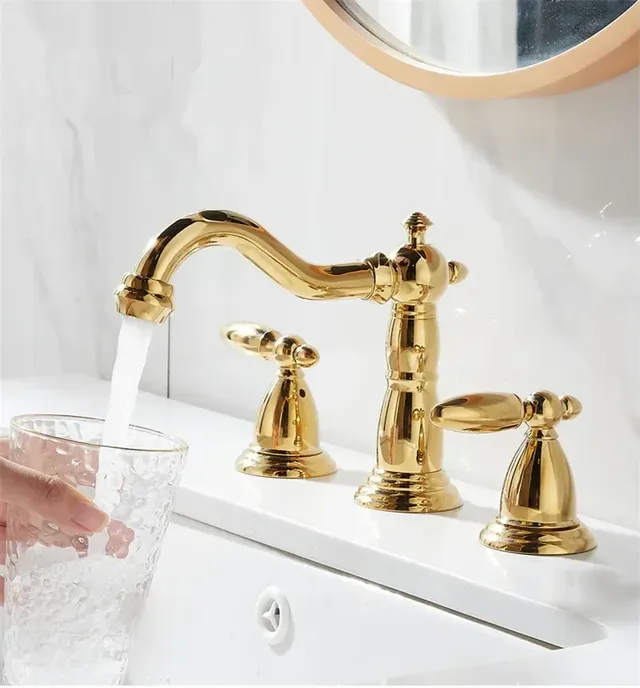 Robinet lavabo trois trous laiton doré poli mitigeur bec… – vue 5