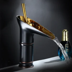 Bassin d&rsquo;Anges de Cascade en Or Noir, Chaud et Froid, Bronze Antique, Robinet d&rsquo;Eau de Centre Commercial, F/05