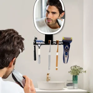 HOMirror-Miroir de rasage LED mural avec support de rasoir, accessoires de bain de douche, lumineux, sans buée, 3 couleurs réglables
