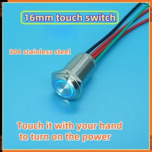 Interrupteur tactile 16mm acier inoxydable 304 encastrable poussoir plat anneau LED bleu fils précâblés multicolores momentané verrouillage automatique