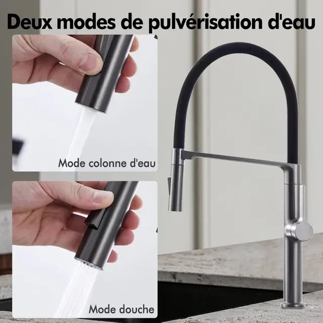 Robinet de cuisine noir avec pulvérisateur rétractable… – vue 5