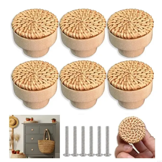 Poignées boutons tiroirs bois rotin tressé rondes embase… – vue 2