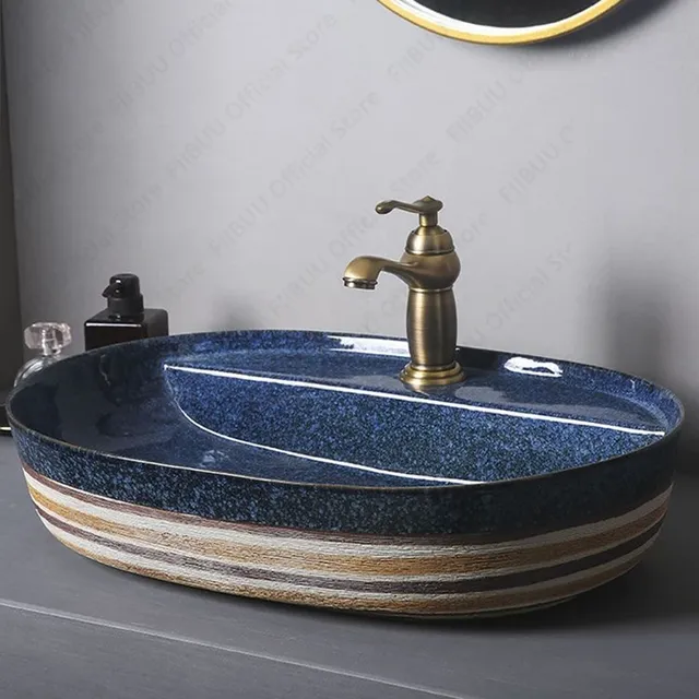 Vasque poser ovale porcelaine céramique émaillée bleu… – vue 5